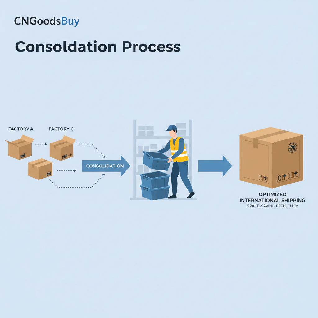 Infographic showing how CNGoodsBuy consolidates and nests storage products to save on shipping costs.