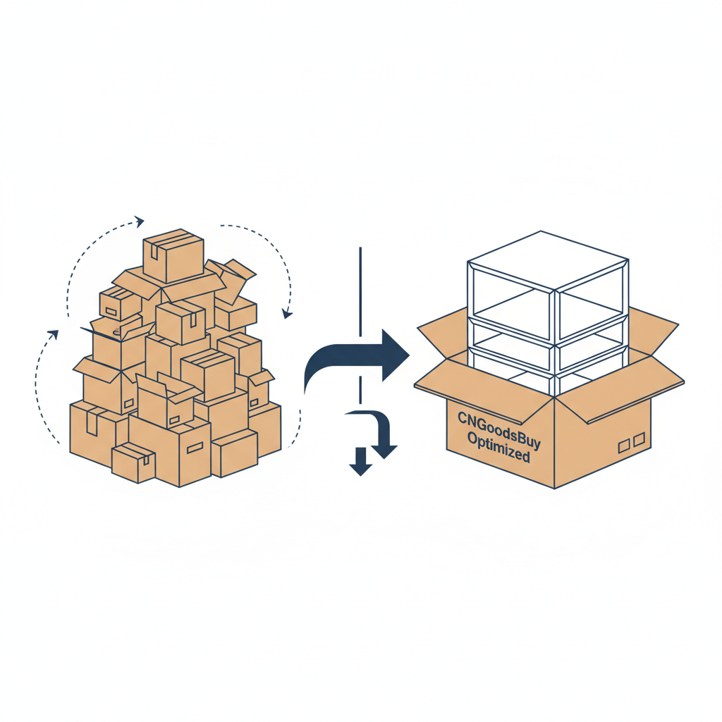 Infographic demonstrating how CNGoodsBuy nests storage bins to reduce volumetric shipping weight.