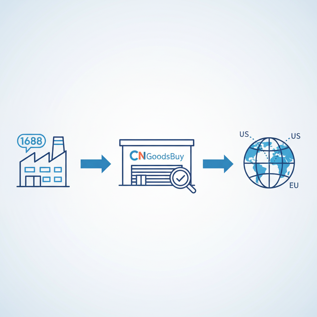 Workflow diagram showing the process of sourcing from 1688 through CNGoodsBuy warehouse for quality inspection and global shipping.