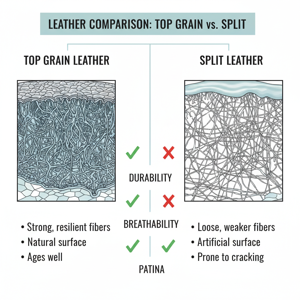 Comparison chart between top grain cowhide and split leather for quality sourcing.
