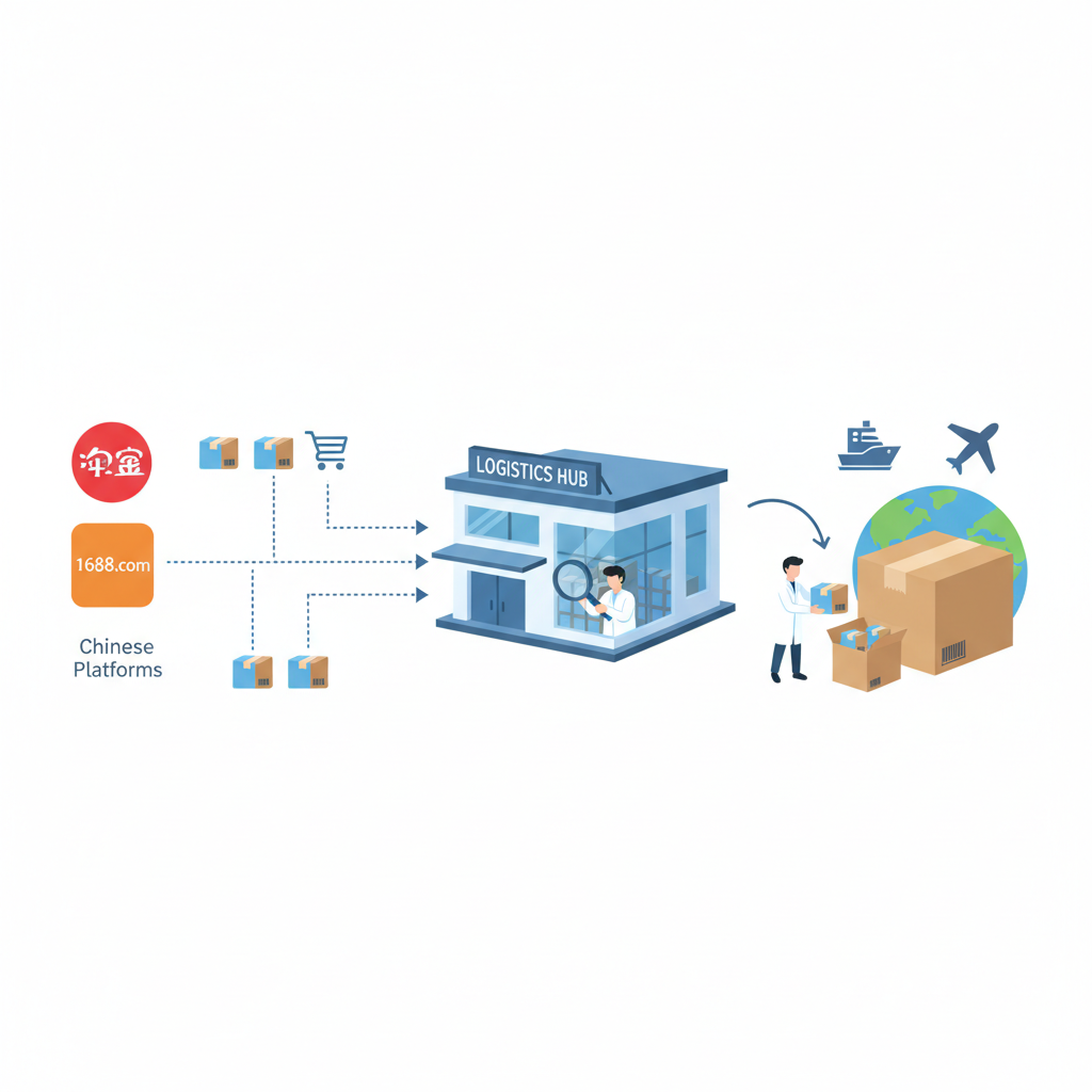 Infographic showing the process of consolidating keyboard parts from multiple sellers into one shipment.