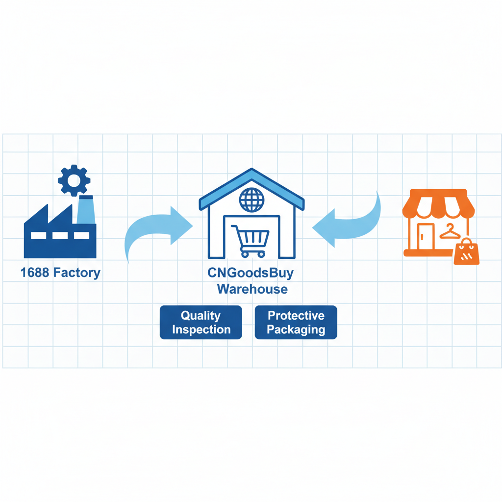 Workflow diagram showing the process of sourcing from 1688 through CNGoodsBuy for quality control and boutique retail.