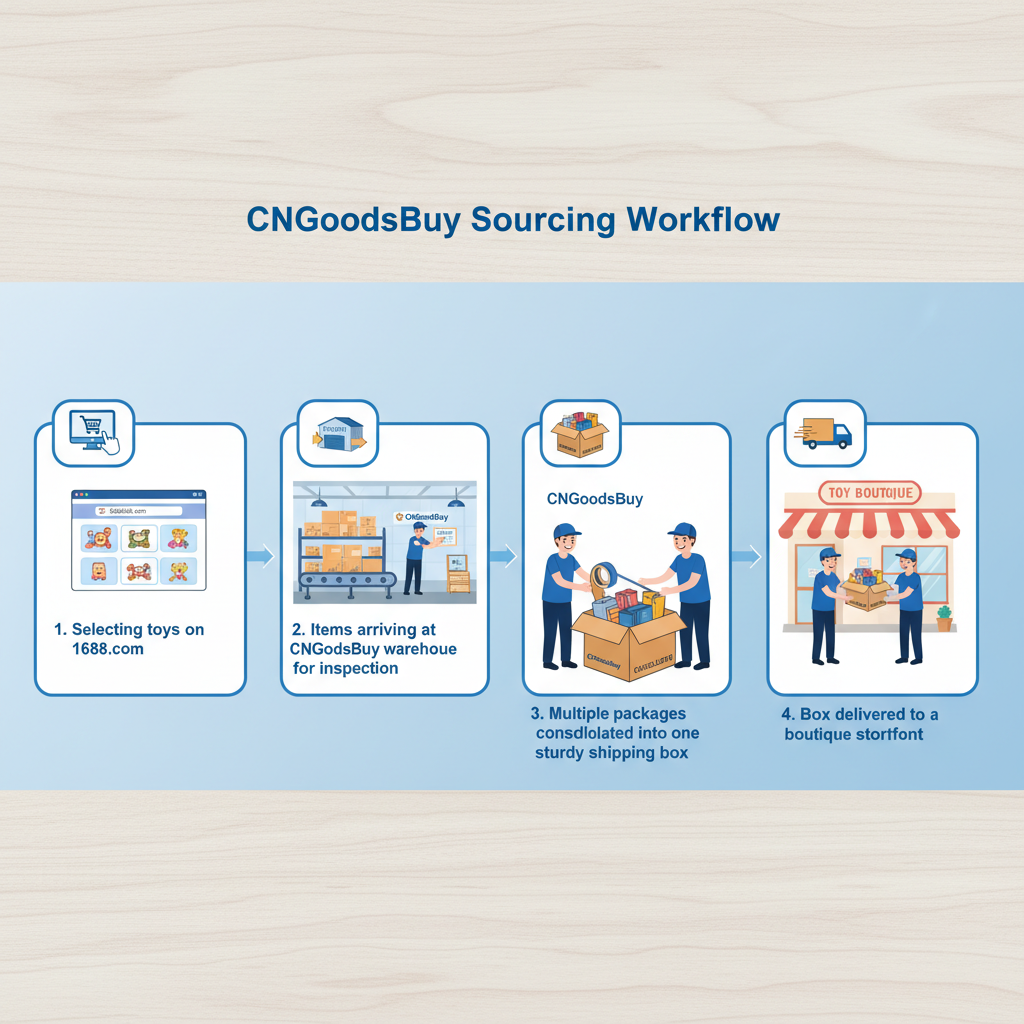 Infographic showing the process of sourcing and consolidating toys from 1688 through CNGoodsBuy.