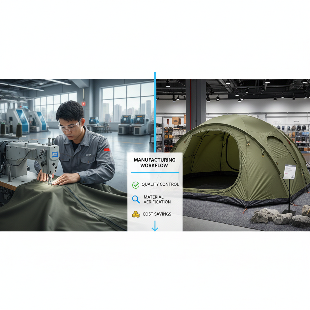 Infographic showing the transition from a 1688 factory floor to a finished retail outdoor product with quality control steps.