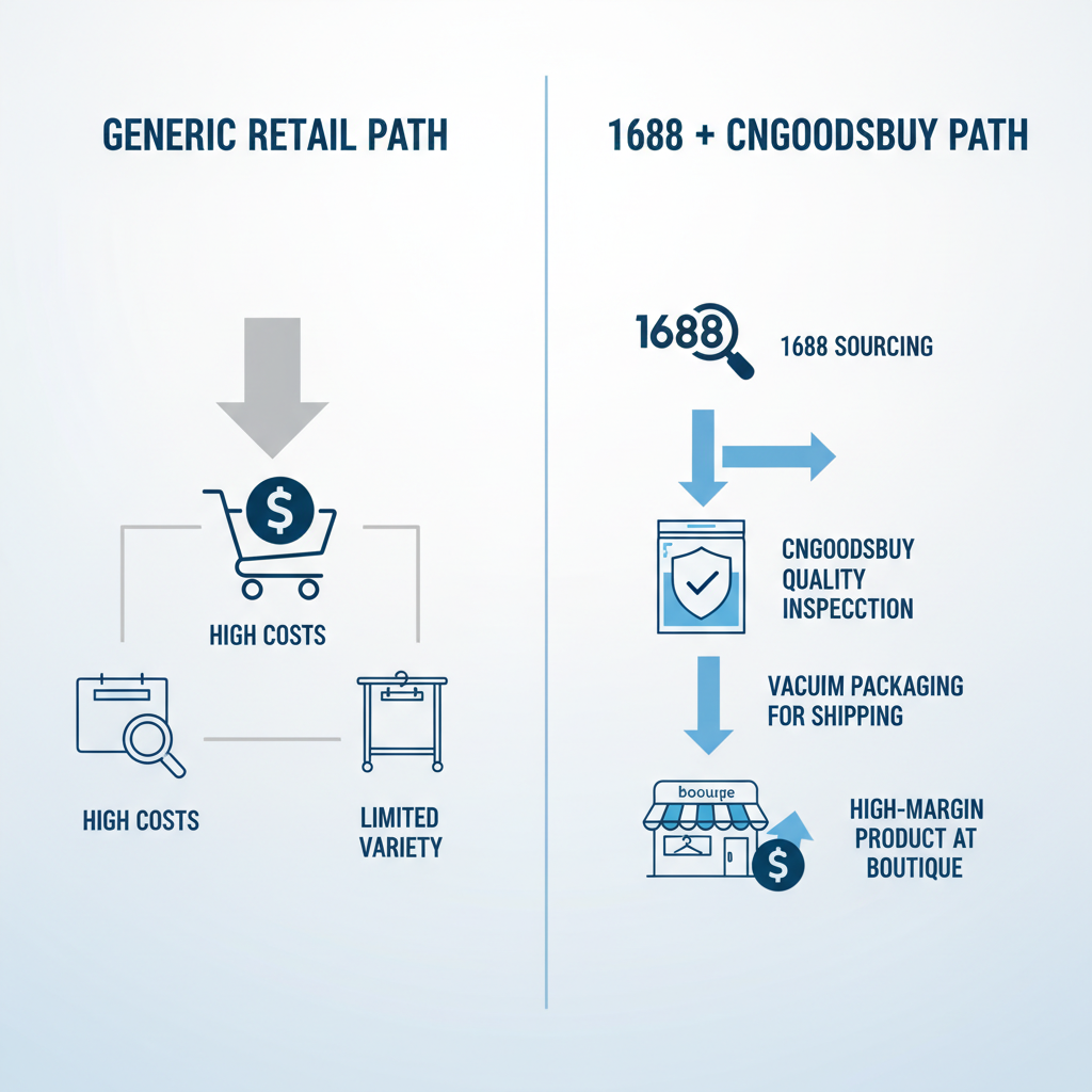 Infographic showing the cost-saving workflow of sourcing pet supplies from 1688 through CNGoodsBuy.