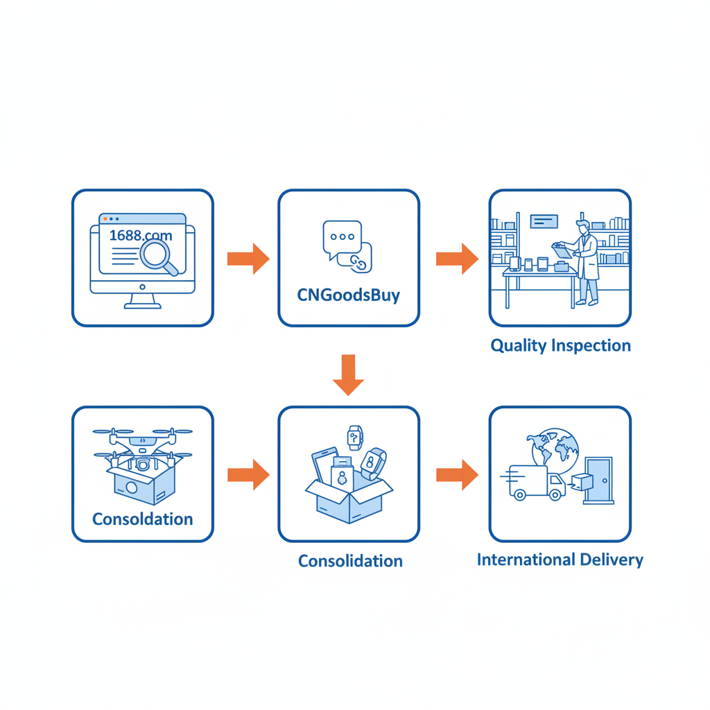 Infographic showing the step-by-step process of sourcing and consolidating electronics from 1688 via CNGoodsBuy.