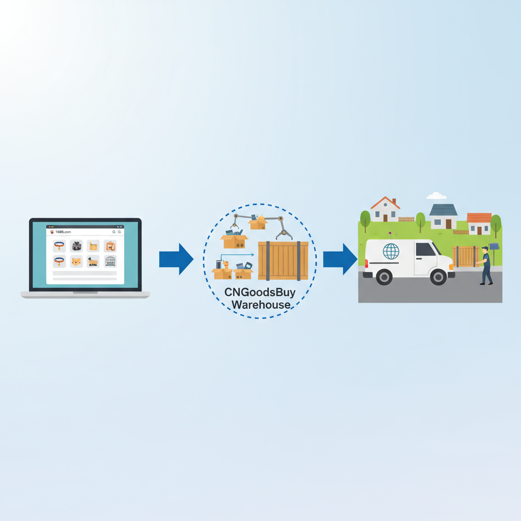 Workflow diagram showing how CNGoodsBuy consolidates 1688 orders for international shipping.
