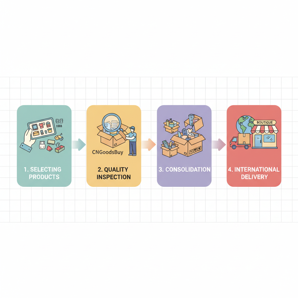 Infographic showing the step-by-step process of sourcing stationery from 1688 using CNGoodsBuy agent services.