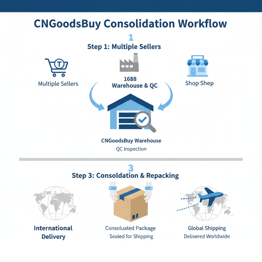 Infographic showing the process of consolidating multiple Taobao orders into one international shipment via CNGoodsBuy.