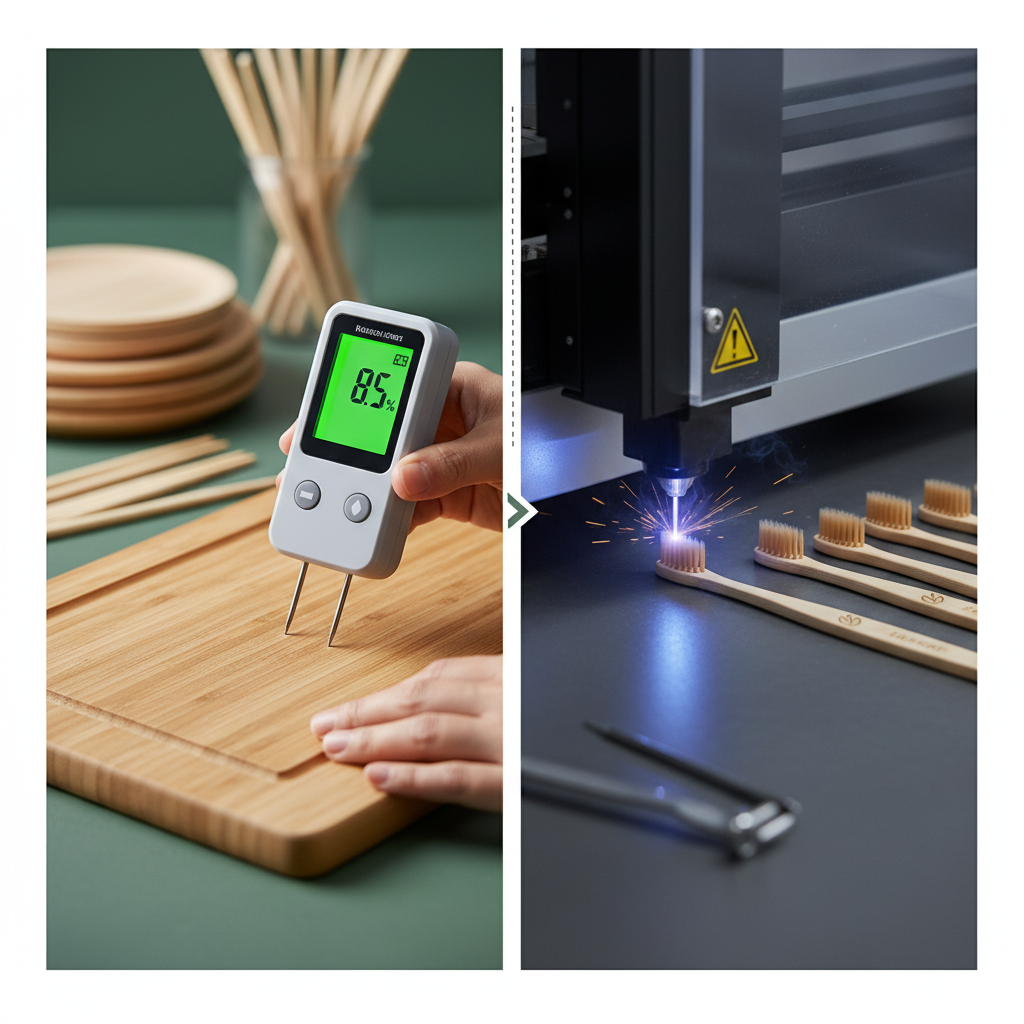 Quality inspection and custom laser engraving process for bamboo kitchenware sourced from China.