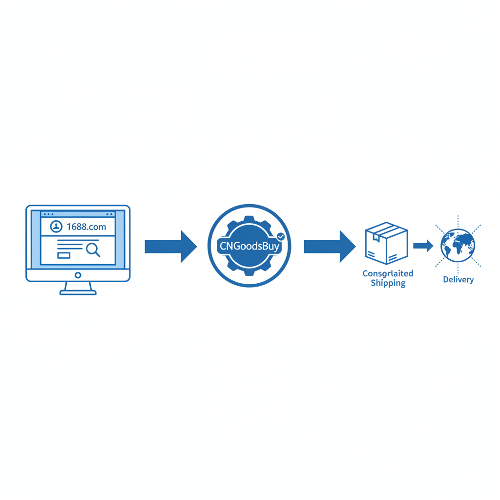 Infographic showing the step-by-step process of sourcing from 1688 via CNGoodsBuy consolidation services.