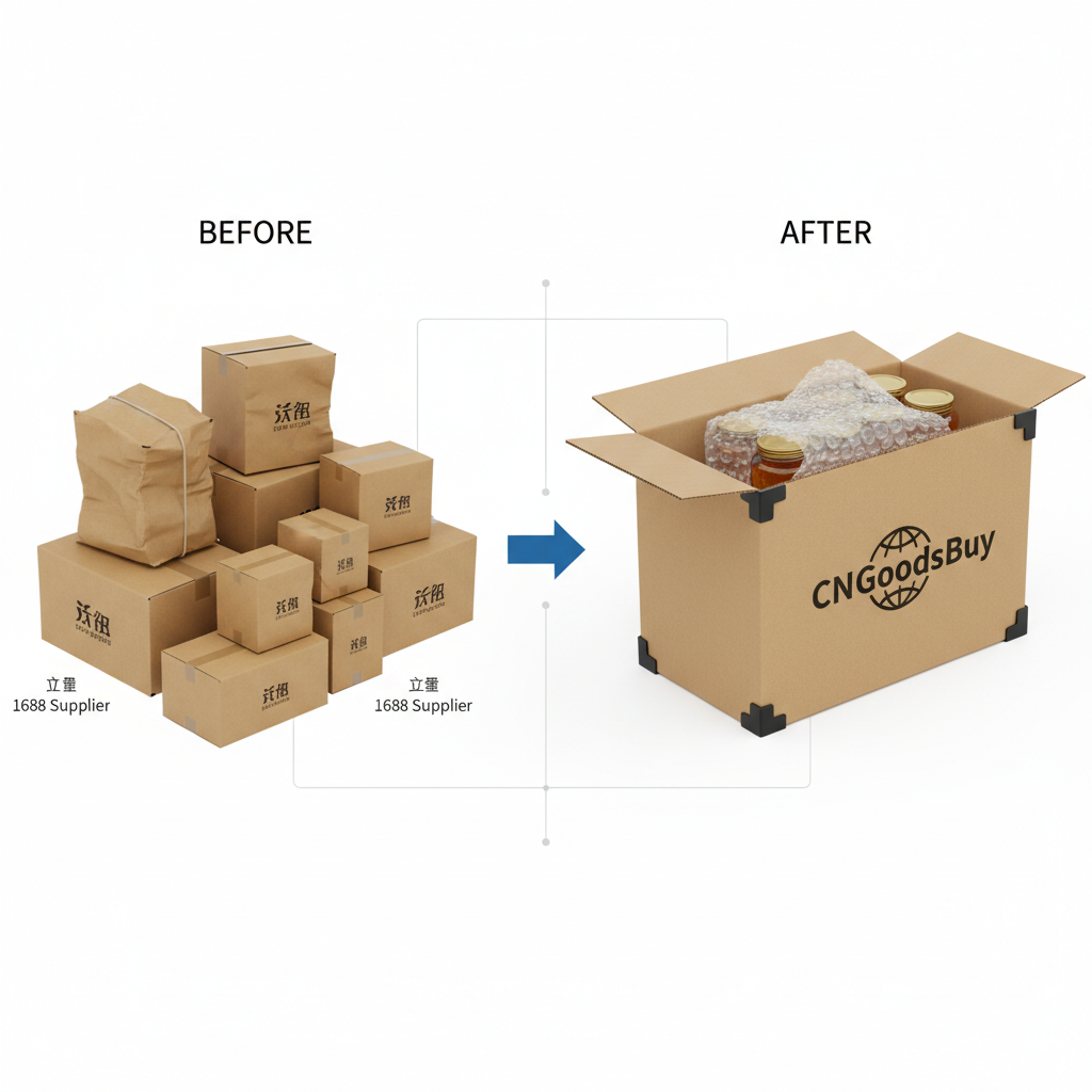 Infographic comparing unorganized 1688 factory boxes to a professionally consolidated and reinforced CNGoodsBuy shipment.