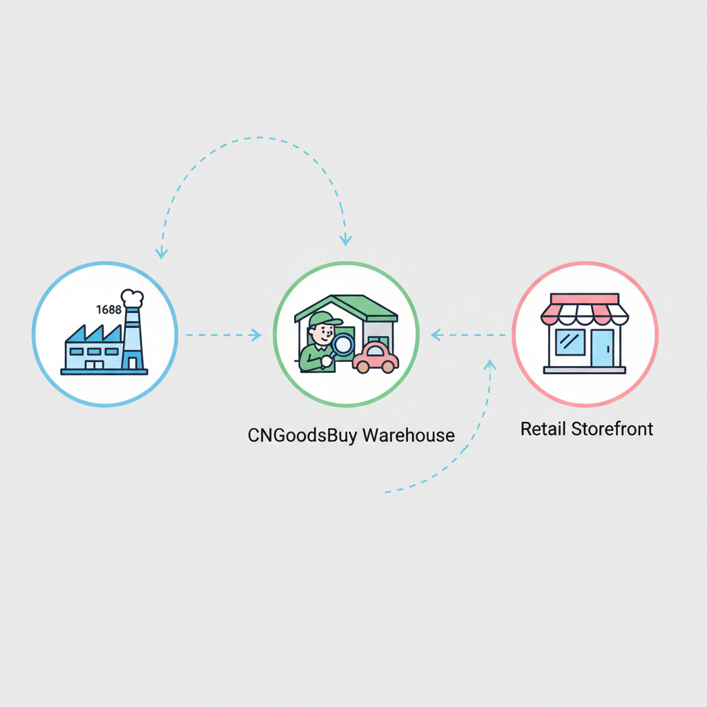 Infographic showing the sourcing process from 1688 factory to CNGoodsBuy warehouse to boutique shop.