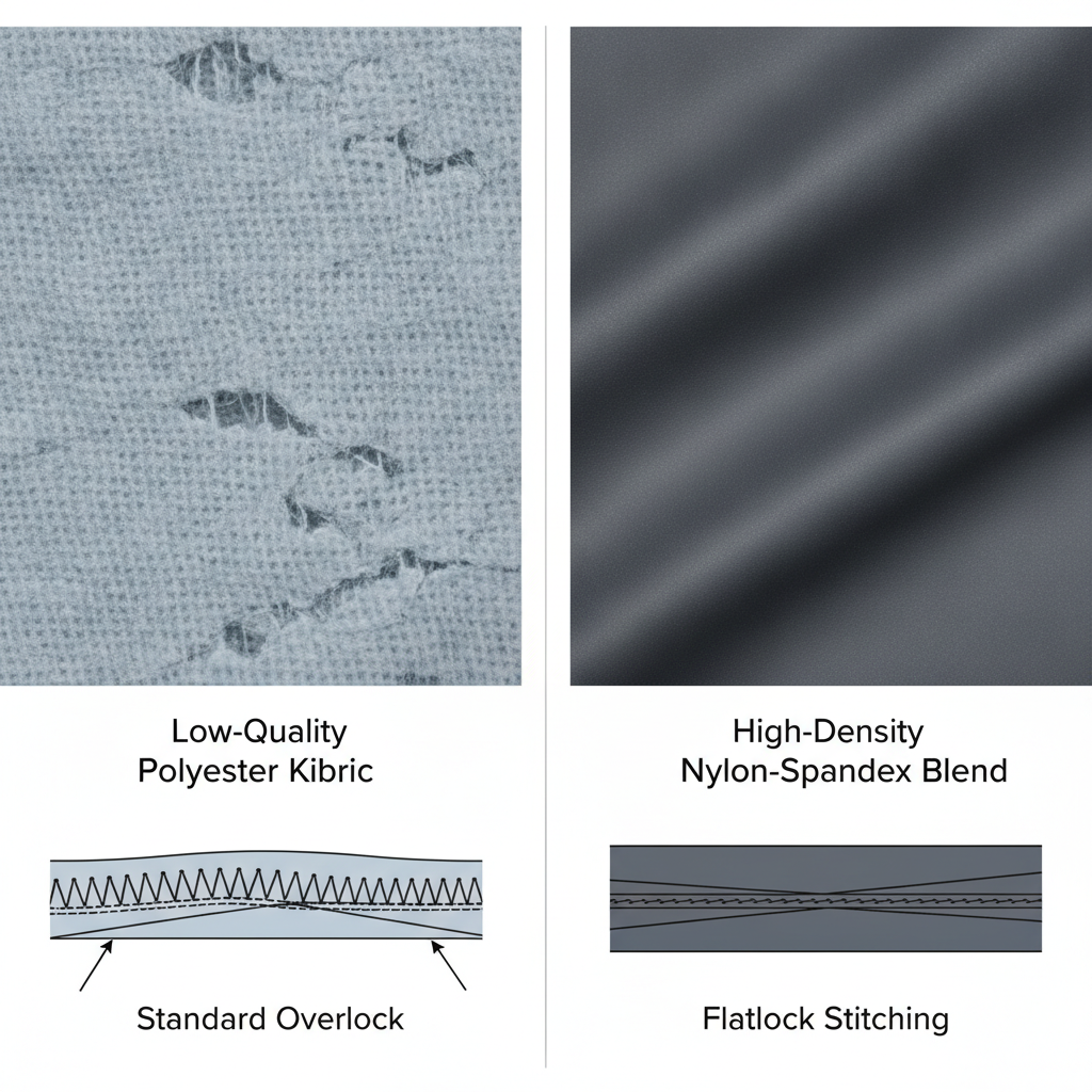 Technical comparison between low-quality activewear fabric and premium high-density nylon spandex with flatlock stitching.