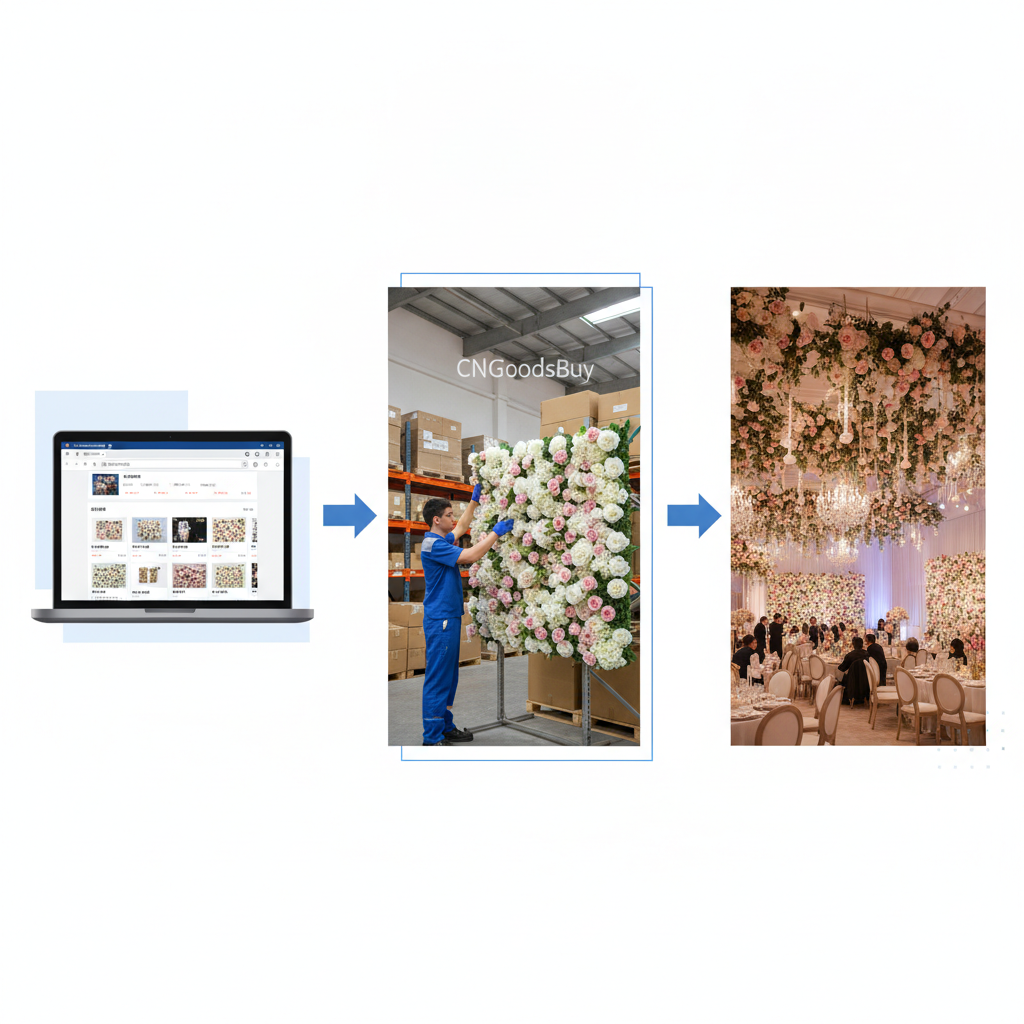 Workflow diagram showing how to source event decor from 1688 via CNGoodsBuy