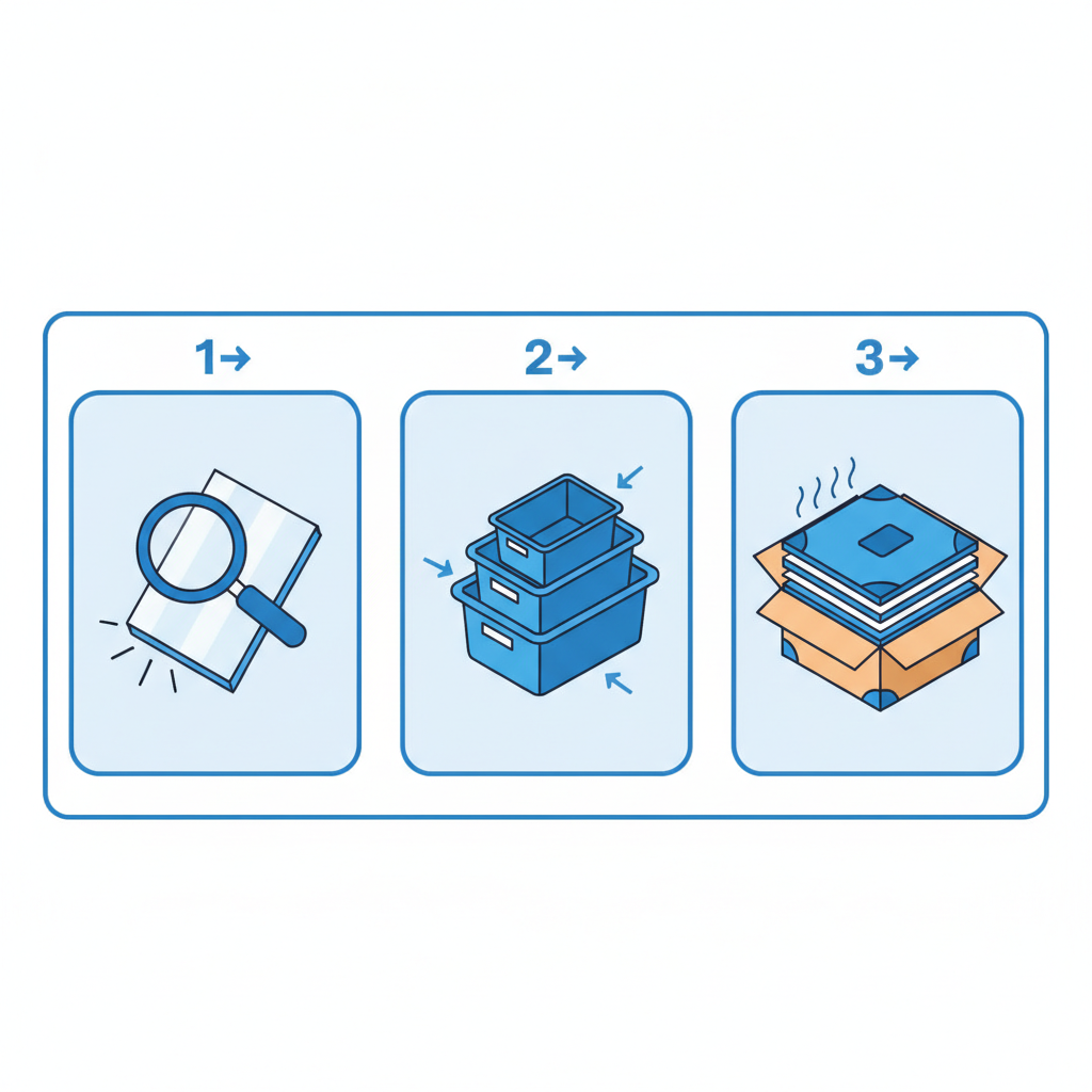 Infographic showing CNGoodsBuy quality inspection and space-saving packaging process for acrylic goods.