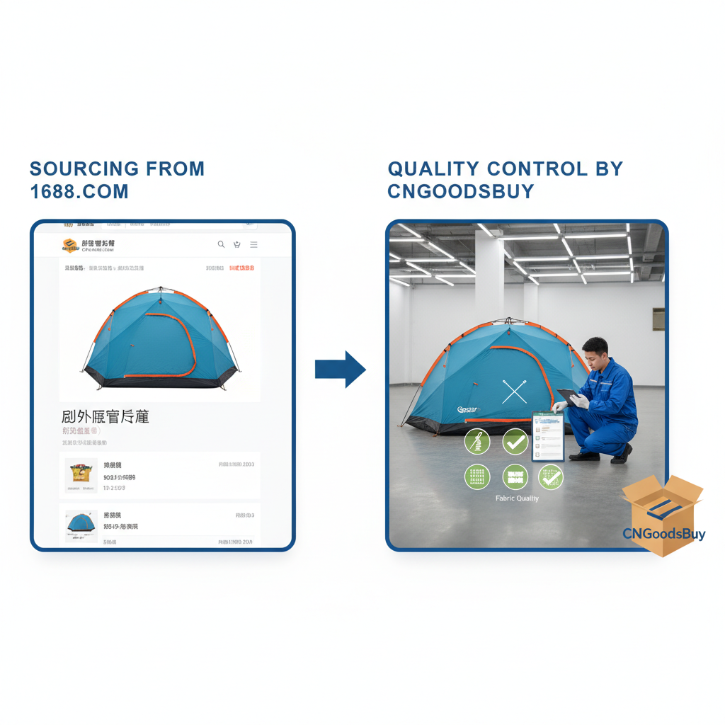 Infographic showing the process of sourcing from 1688 and the quality inspection at CNGoodsBuy warehouse.