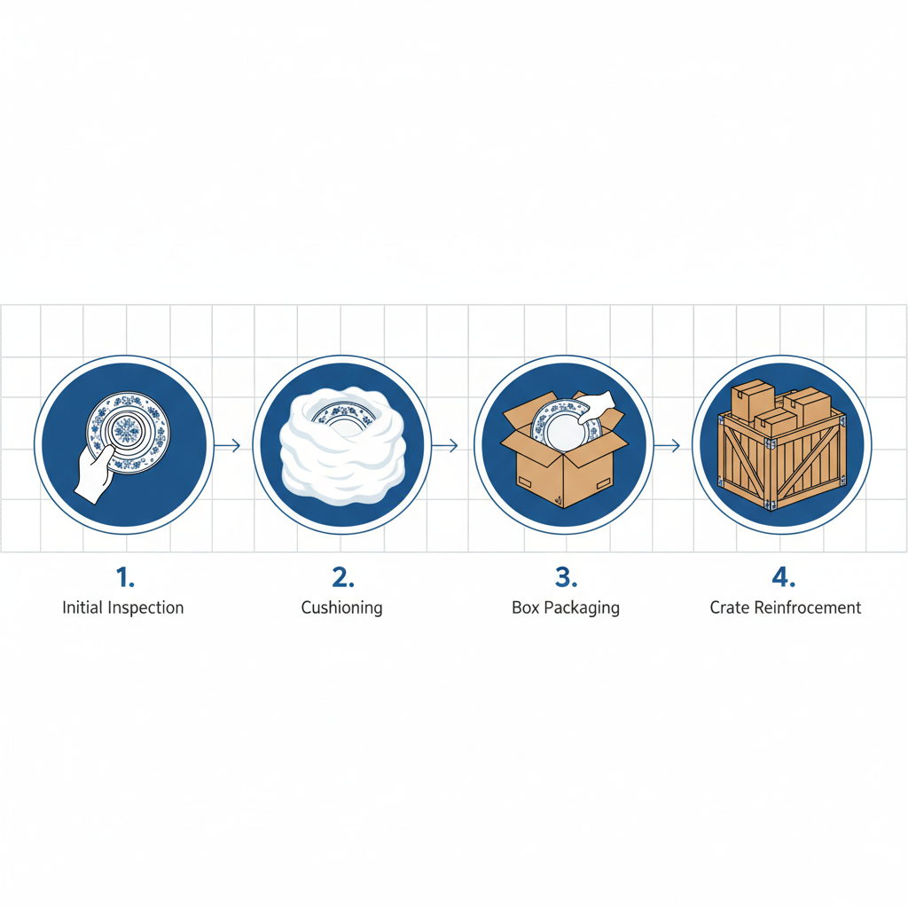 Infographic showing the professional packaging and inspection process for fragile kitchenware at a CNGoodsBuy warehouse.