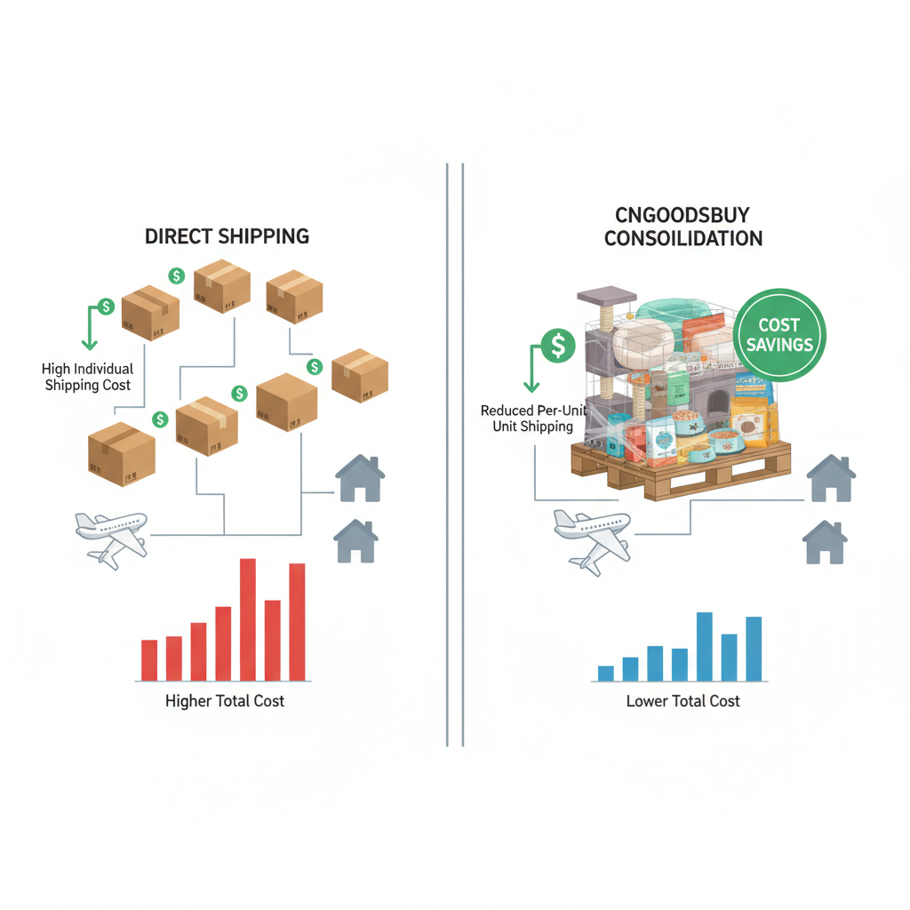 Infographic showing the cost benefits of shipping consolidation for pet furniture sourcing.