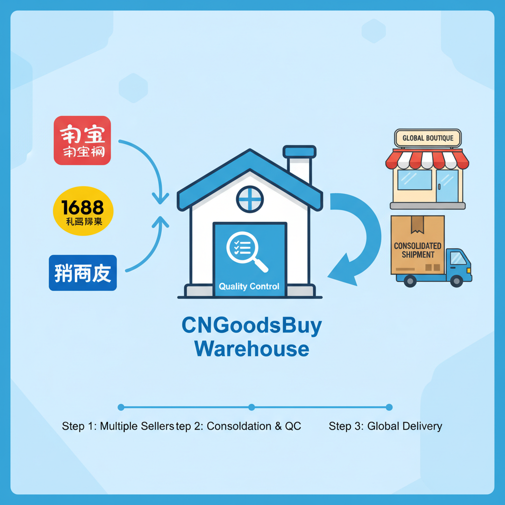 Infographic showing the process of consolidating multiple Chinese stationery orders into one shipment via CNGoodsBuy.