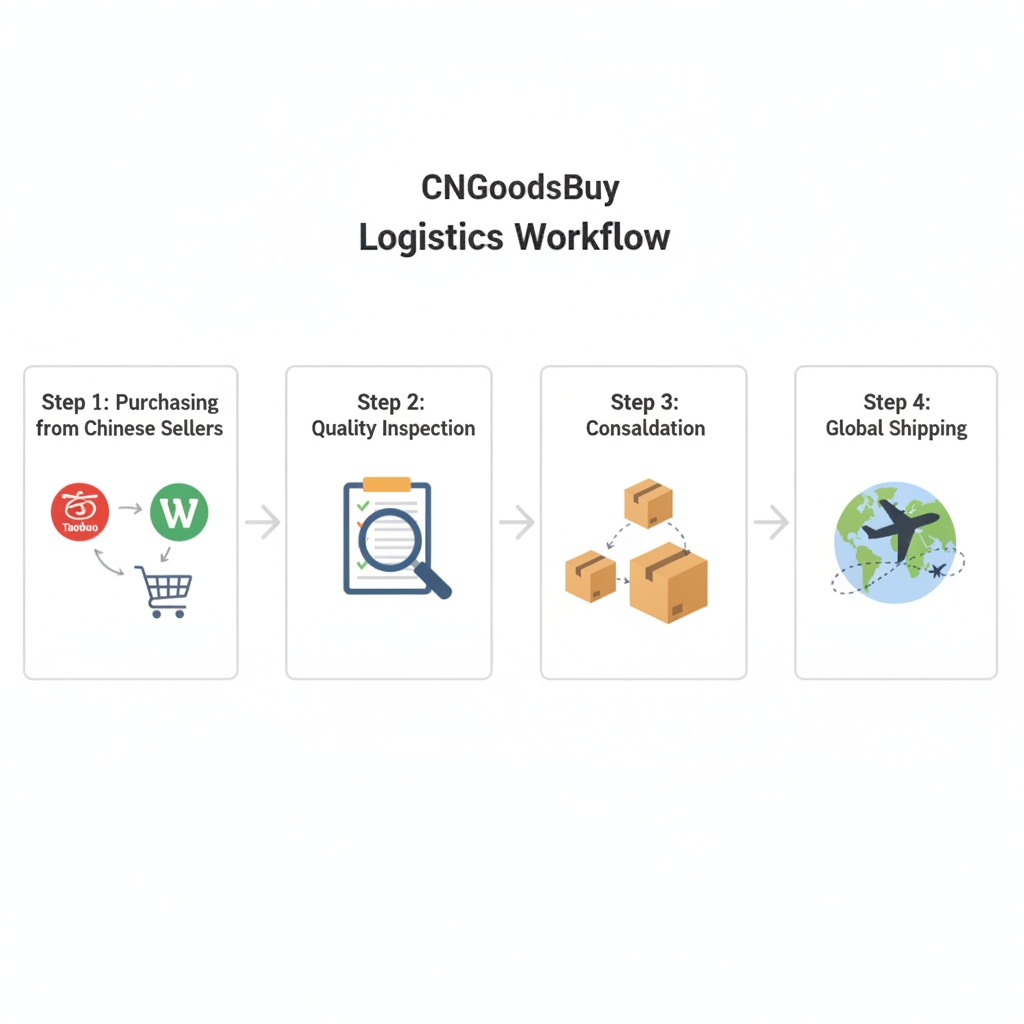 Infographic showing the CNGoodsBuy sourcing, inspection, and consolidation process for international shipping.