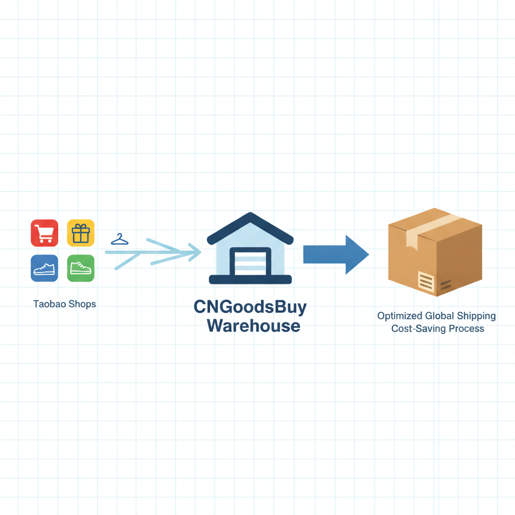 Infographic showing how CNGoodsBuy consolidates multiple Taobao stationery orders into one box to save on shipping costs.