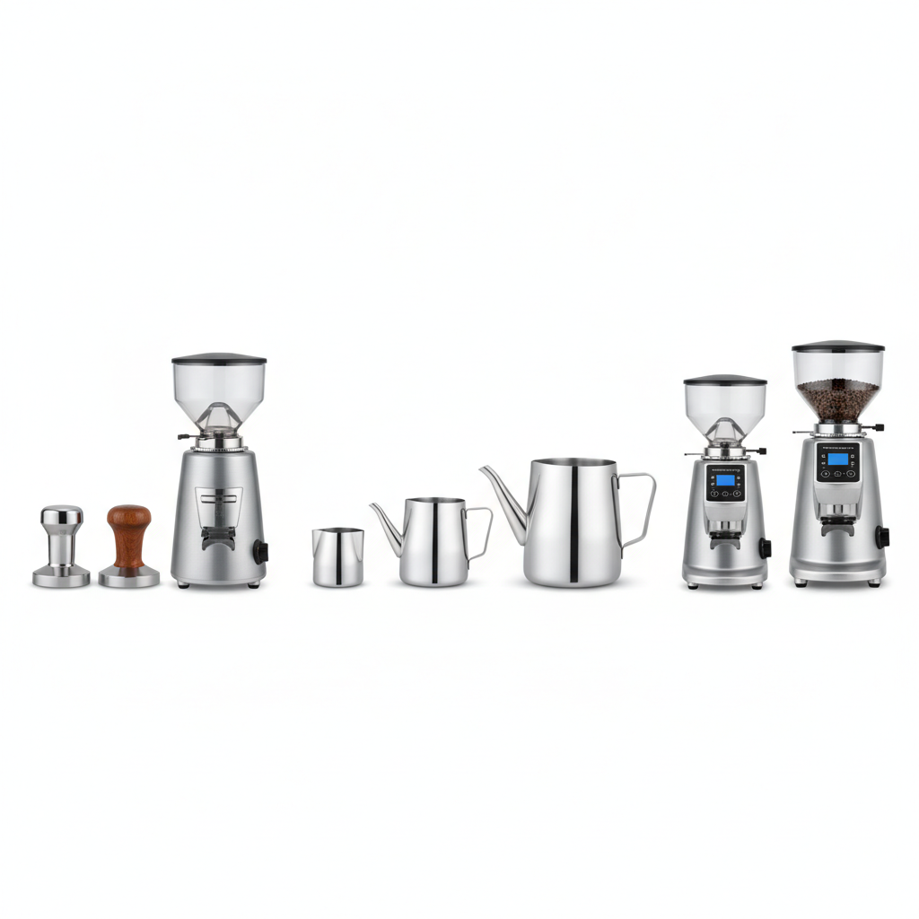 A collection of professional-grade barista tools including tampers and milk pitchers for sourcing.