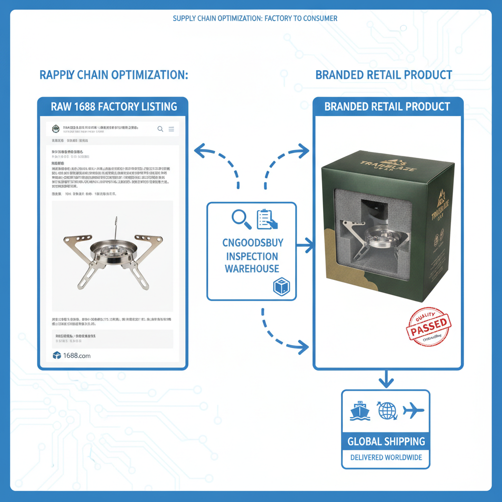 Infographic showing the process of sourcing from 1688 and verifying quality through CNGoodsBuy.