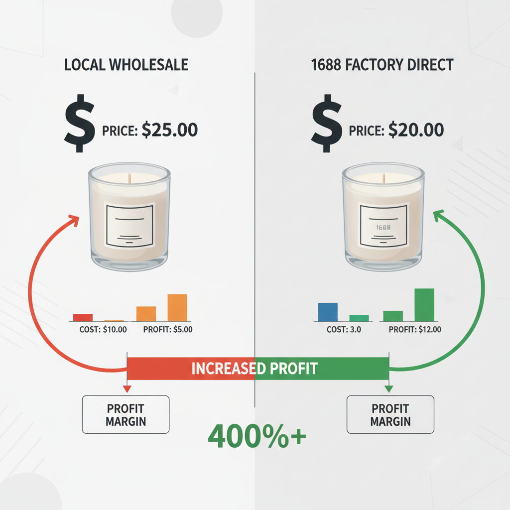 Infographic comparing the cost of local wholesale candle supplies versus sourcing directly from 1688 factories.