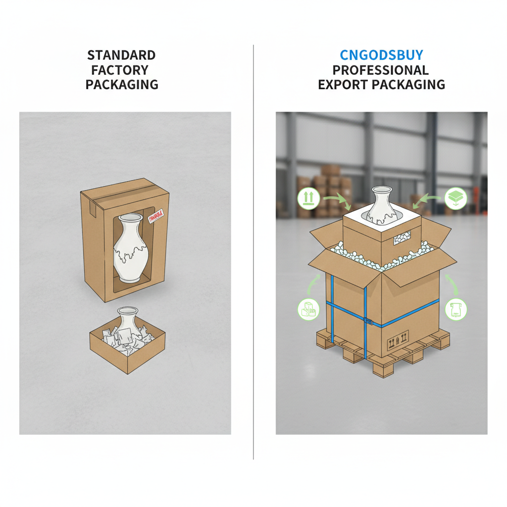 Comparison between standard and professional export packaging for fragile ceramics