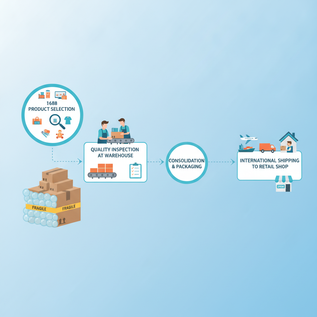 Infographic showing the CNGoodsBuy sourcing and consolidation process for 1688 products.