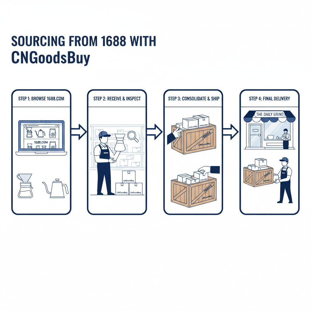 A step-by-step infographic showing the sourcing, inspection, and shipping process from 1688 to a global destination via CNGoodsBuy.