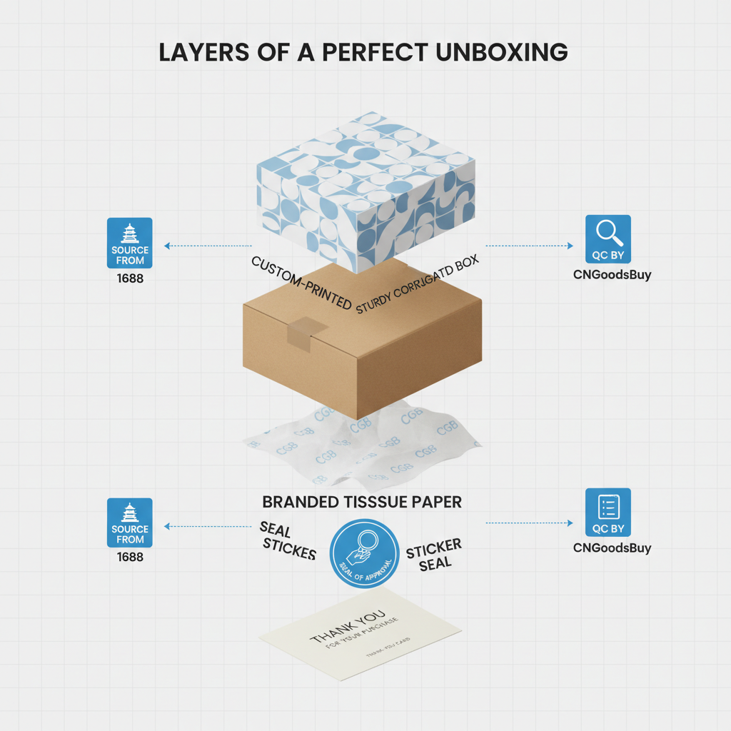 Infographic showing the different layers of custom branded packaging available from 1688.