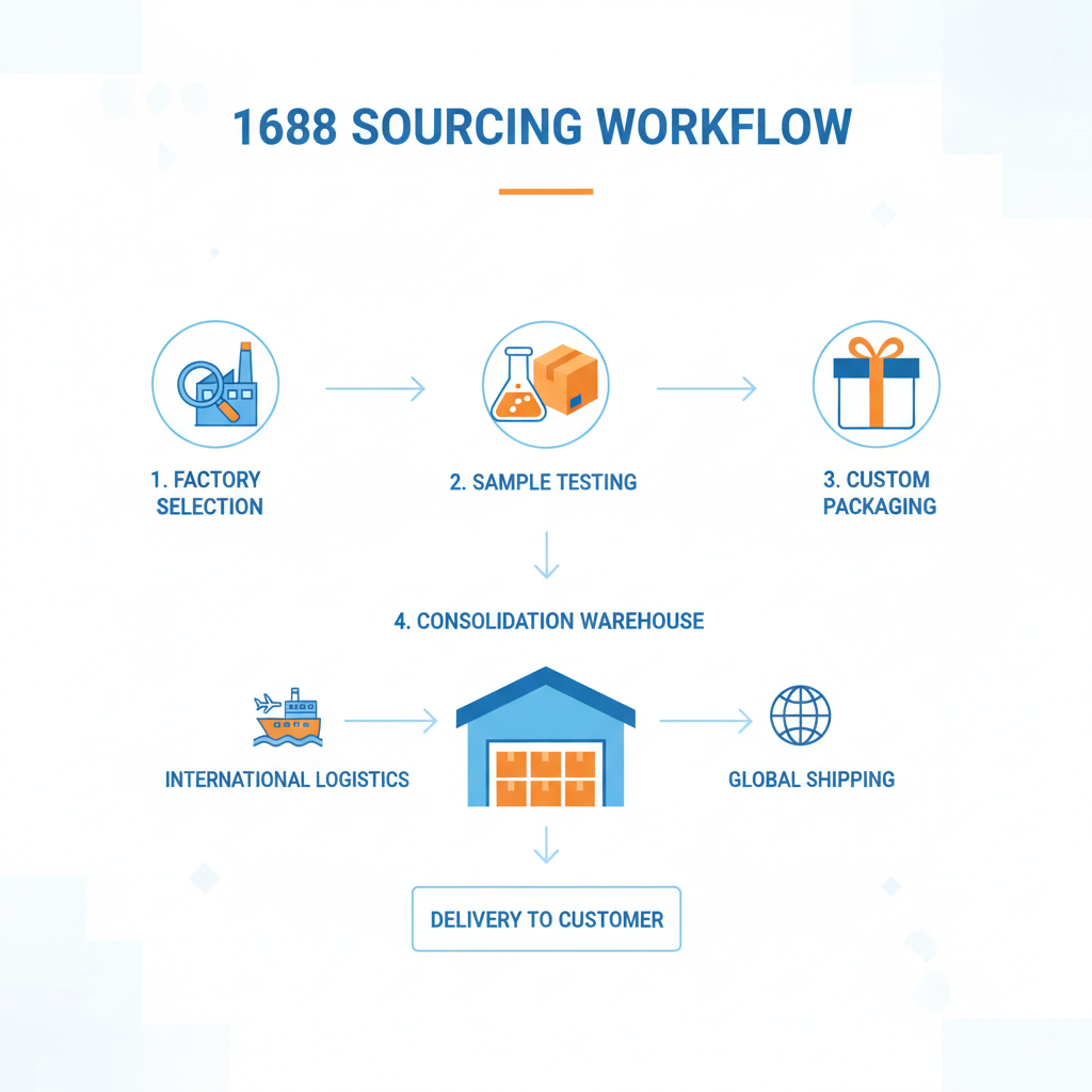 Step-by-step sourcing workflow infographic for custom jewelry from 1688.