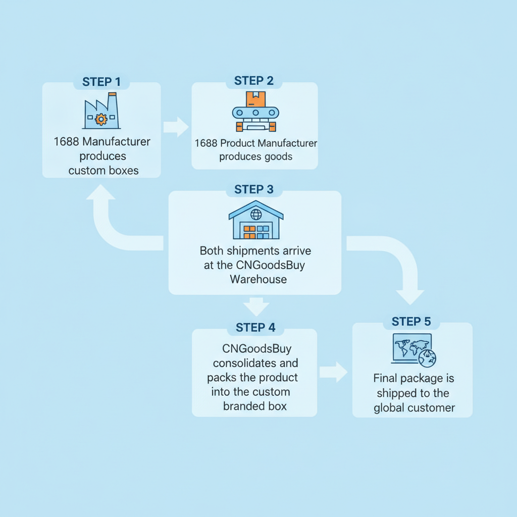 A workflow diagram showing how CNGoodsBuy consolidates products and custom packaging from 1688 for international shipping.
