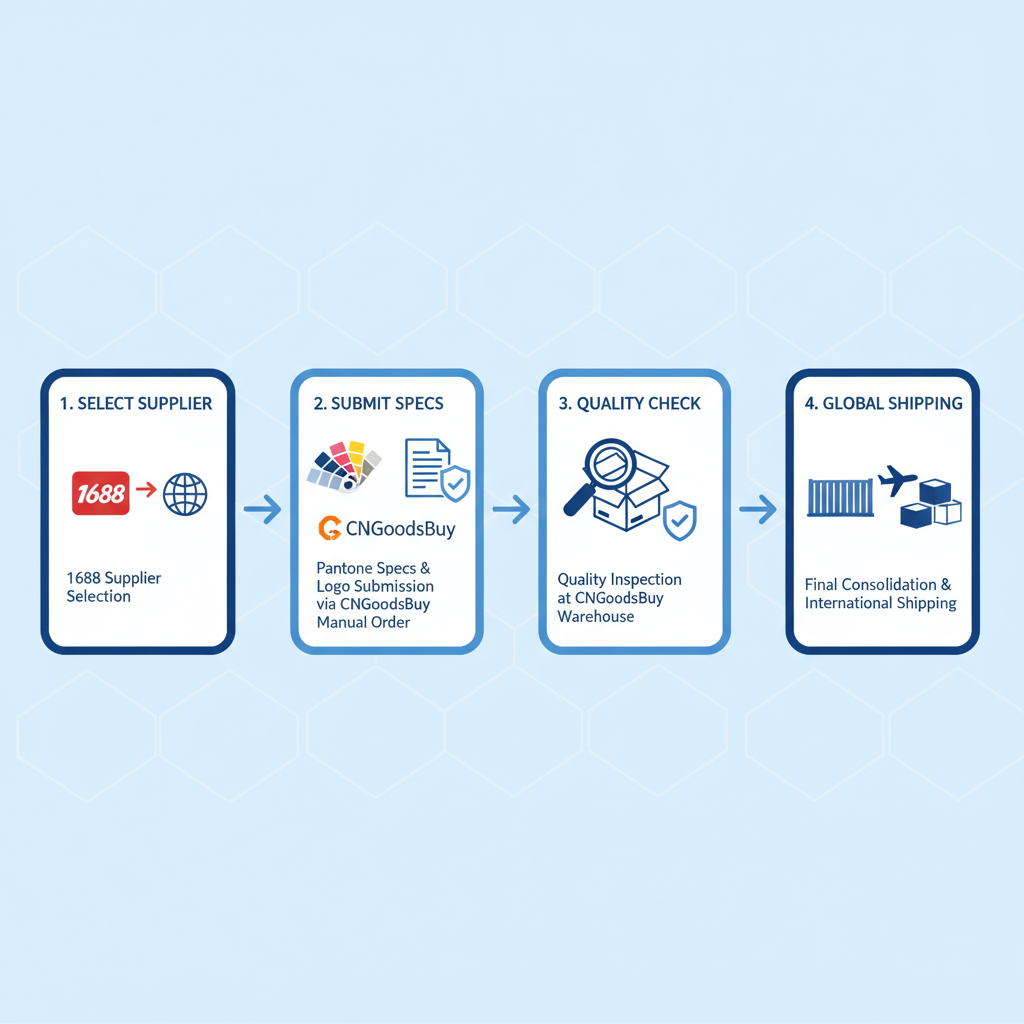 Infographic showing the 4-step process of sourcing custom packaging from 1688 using a China agent.