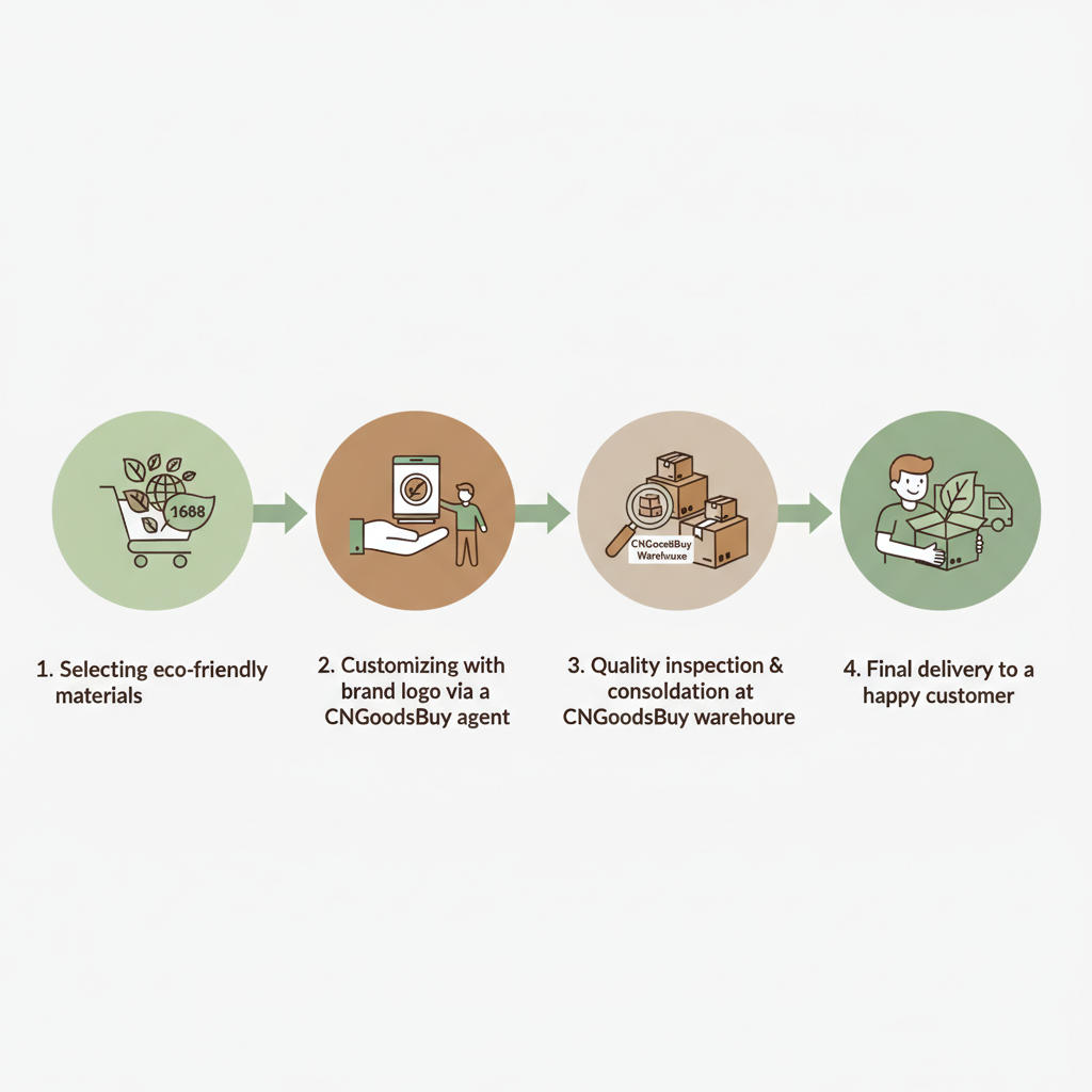 Workflow diagram showing how to source and customize packaging from 1688 using CNGoodsBuy.