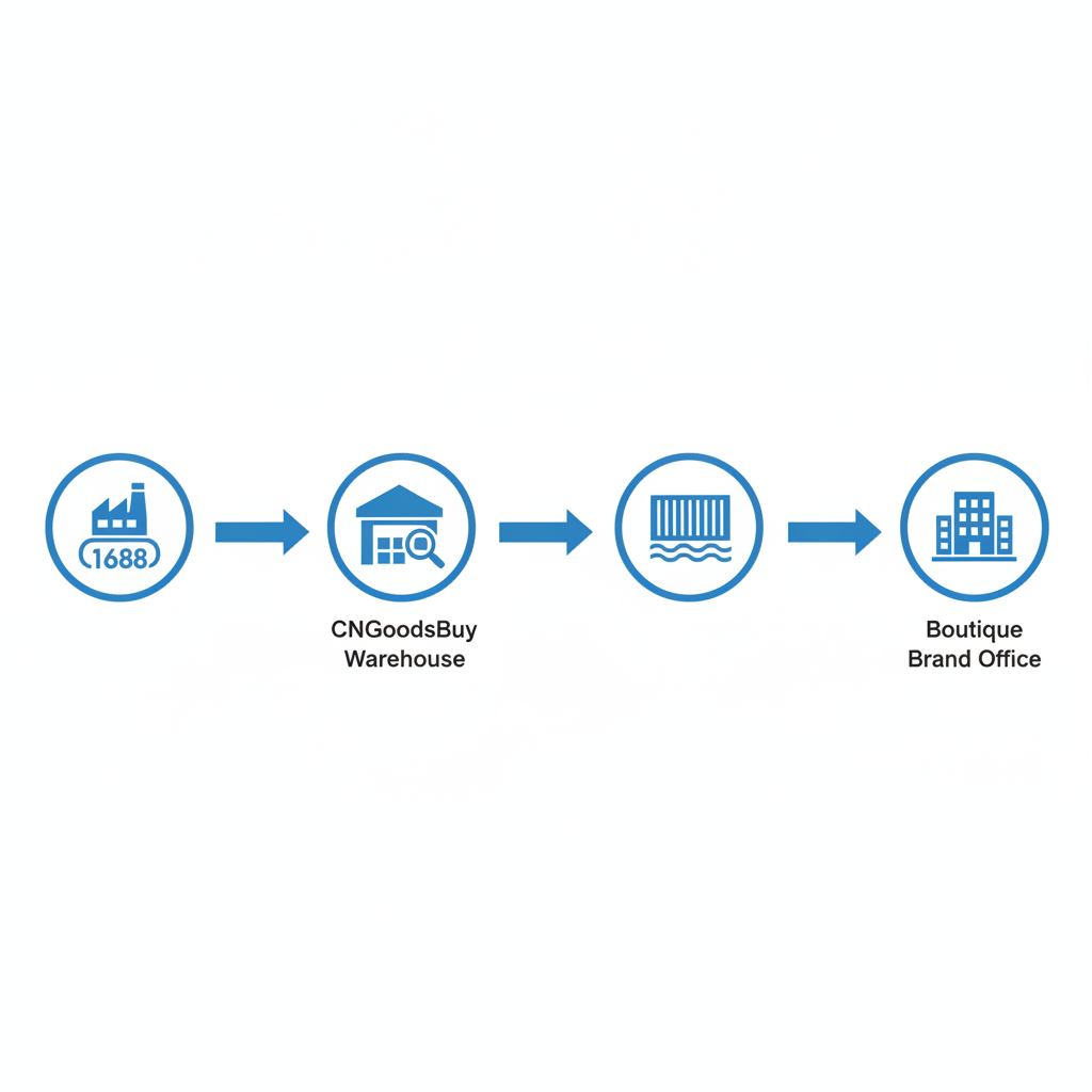 Workflow diagram showing the process of sourcing from 1688 factories through CNGoodsBuy to a boutique brand.