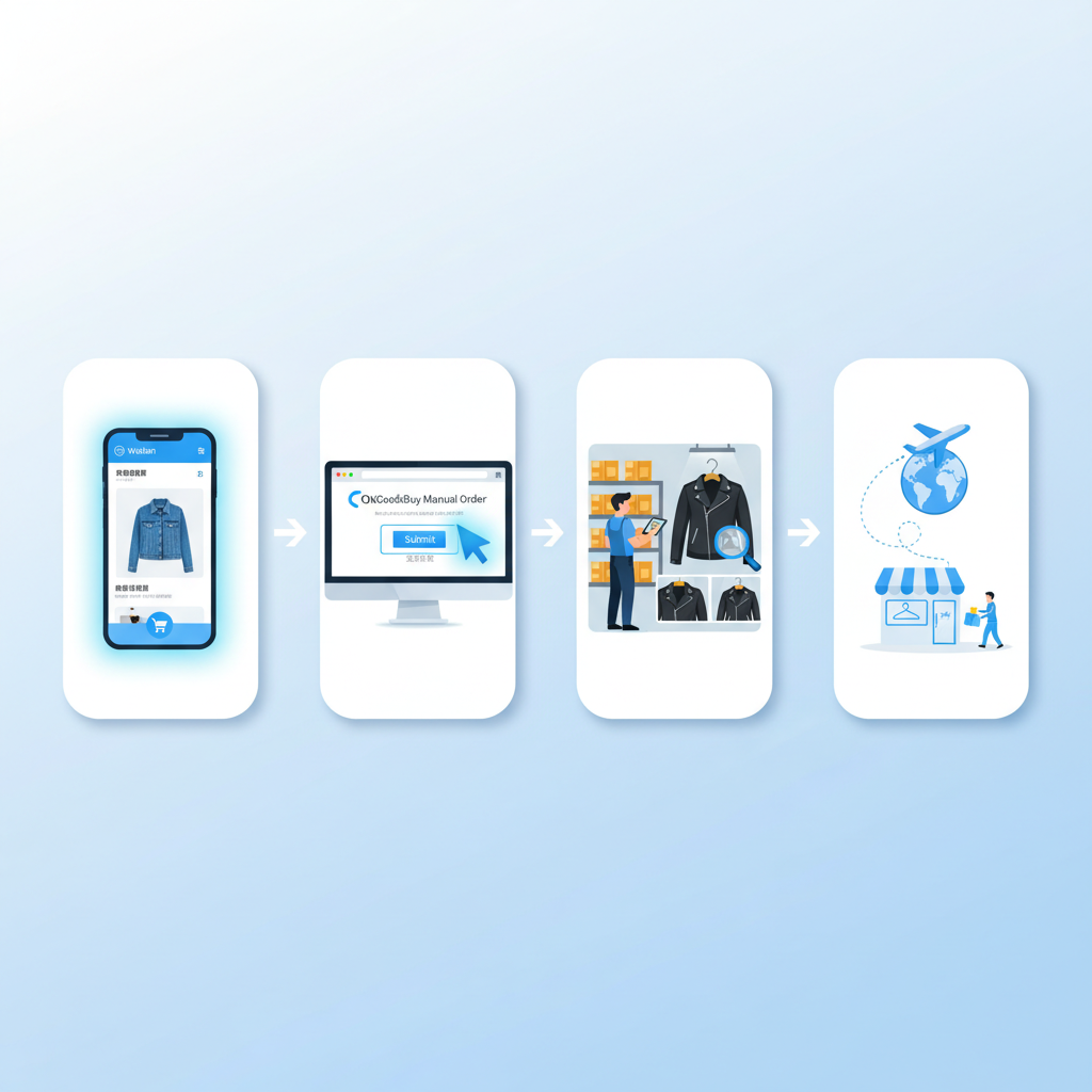 Step-by-step workflow of sourcing fashion from Weidian using CNGoodsBuy's manual order service.