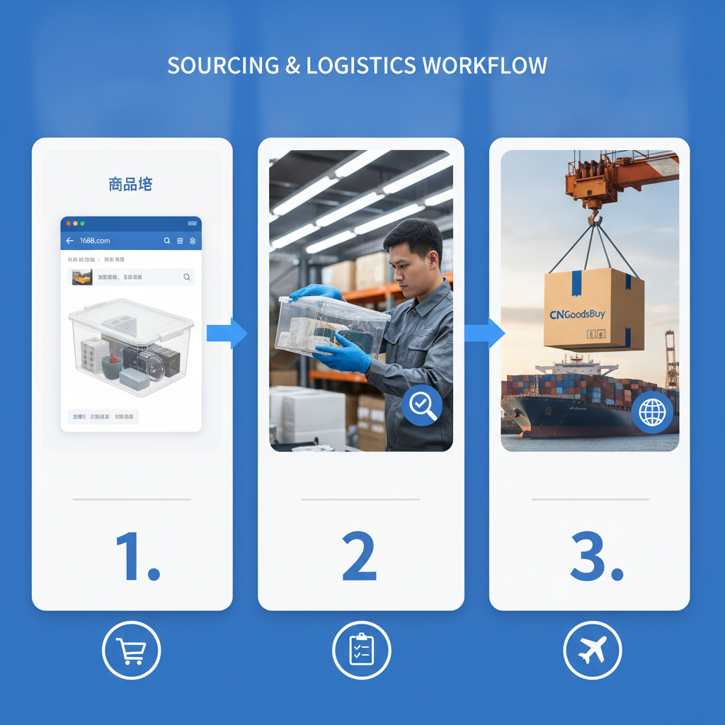 The CNGoodsBuy sourcing and quality inspection process for 1688 home organization products.