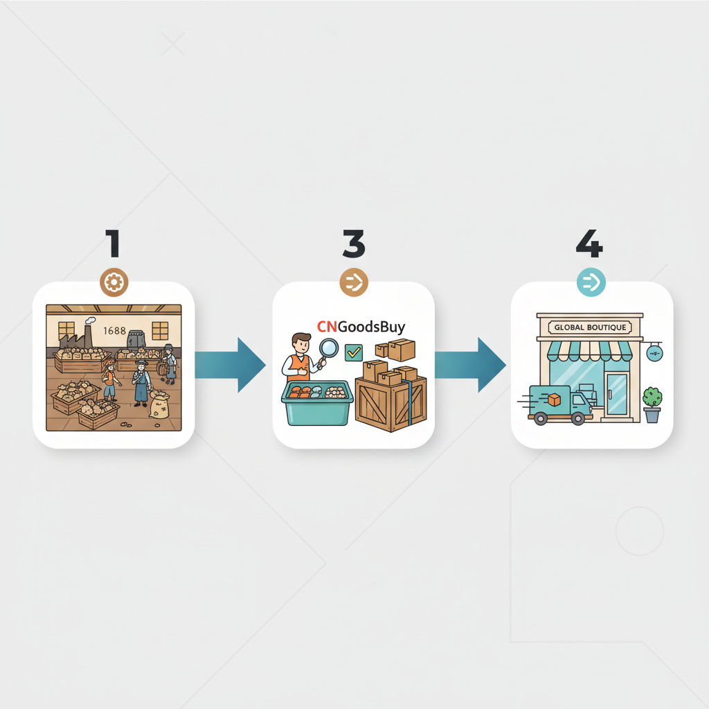 Workflow diagram of sourcing, inspecting, and shipping products from 1688 via CNGoodsBuy.