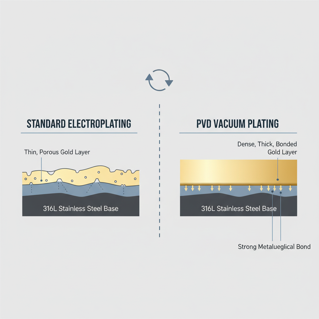 Comparison diagram between standard electroplating and PVD vacuum plating for jewelry.