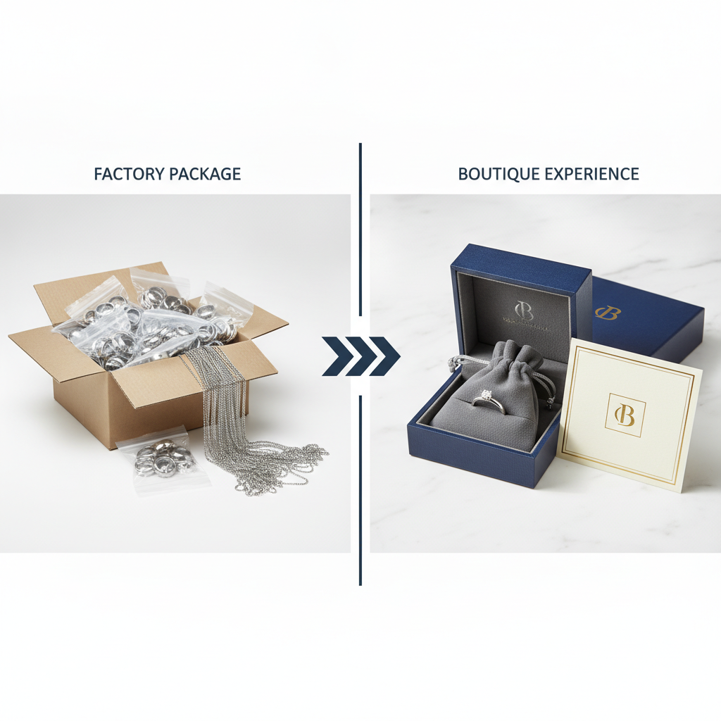 Comparison of bulk 1688 jewelry and branded boutique packaging through CNGoodsBuy services.