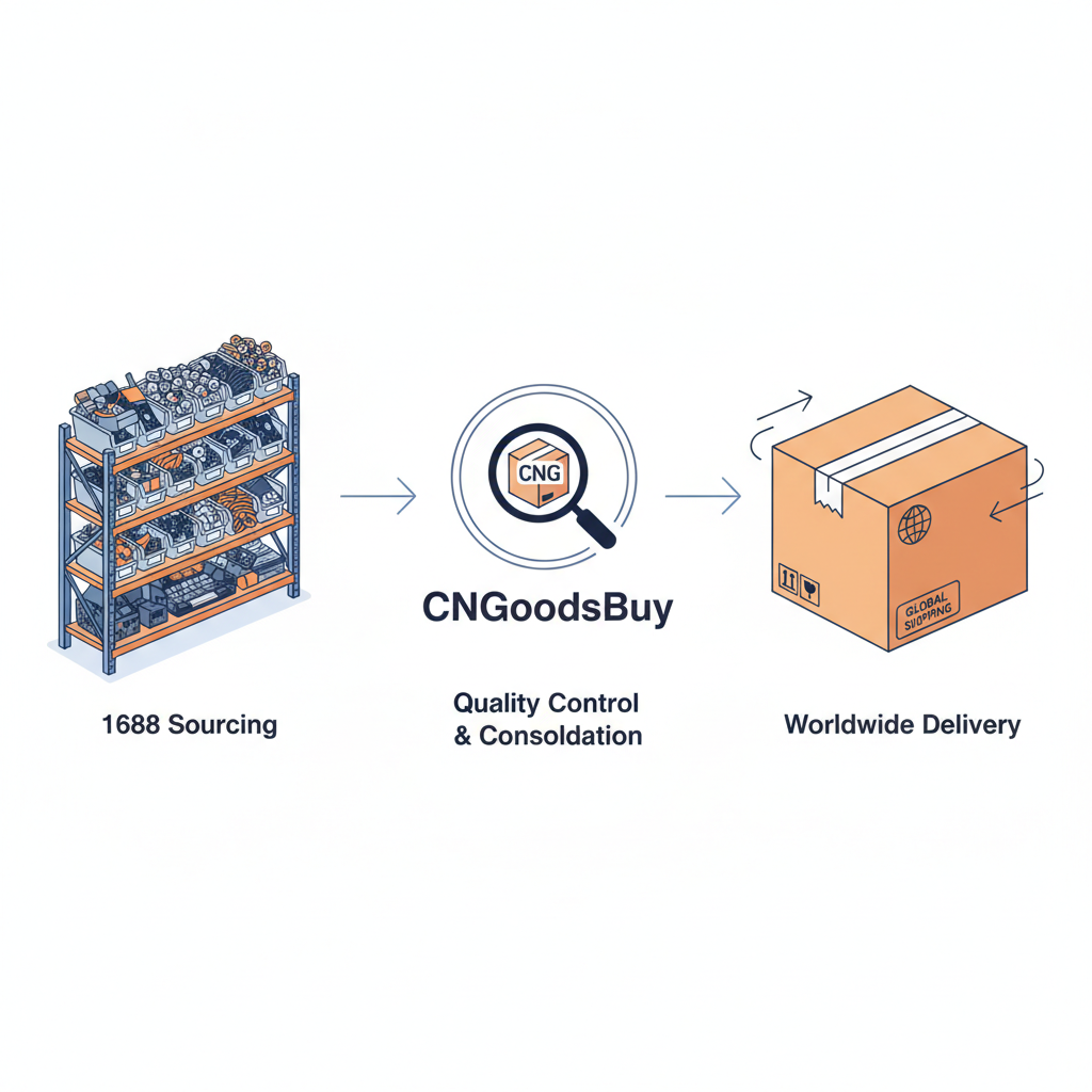 Infographic showing the process of sourcing, inspecting, and consolidating keyboard components with CNGoodsBuy.