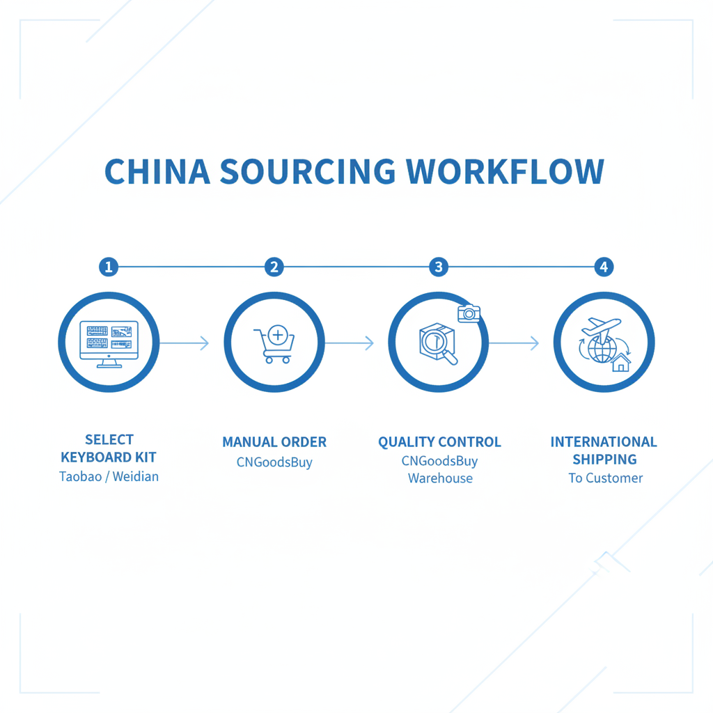 Infographic showing the step-by-step process of sourcing and inspecting mechanical keyboards through CNGoodsBuy.