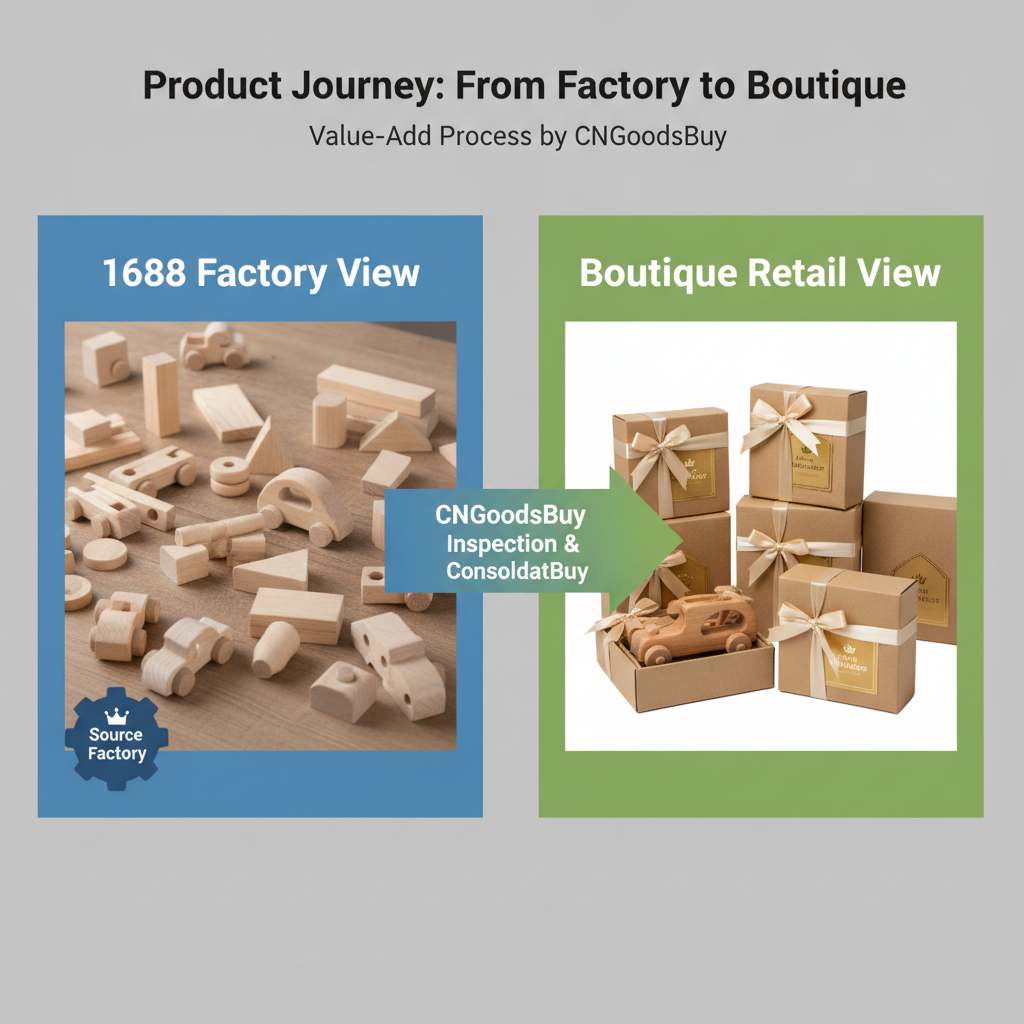 Infographic showing the process of sourcing wooden toys from 1688 factories to a boutique brand via CNGoodsBuy.