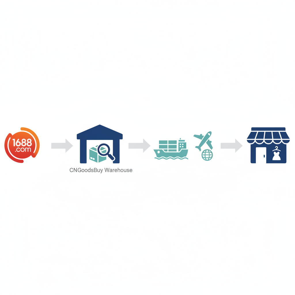 Supply chain diagram showing sourcing from 1688 through CNGoodsBuy quality control to international shipping.