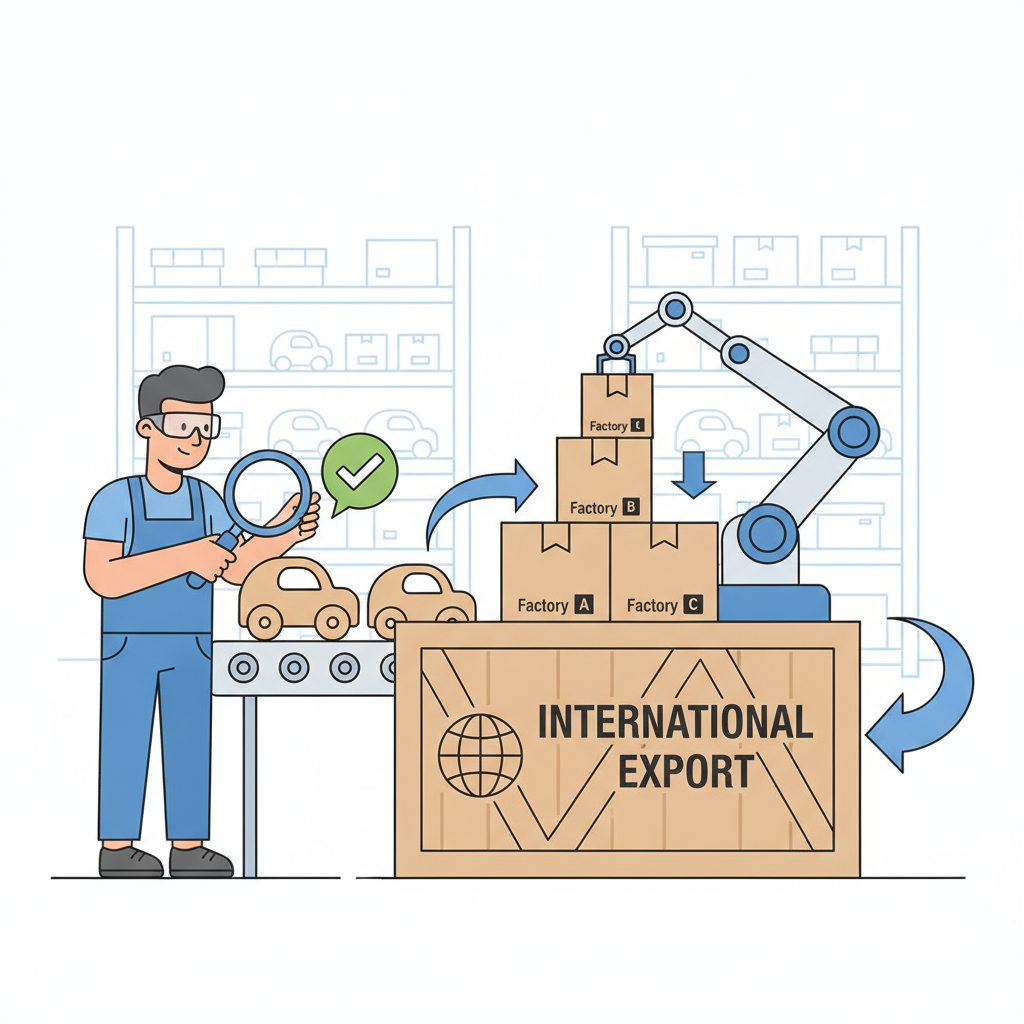 Infographic showing quality inspection and shipping consolidation process for 1688 sourcing.