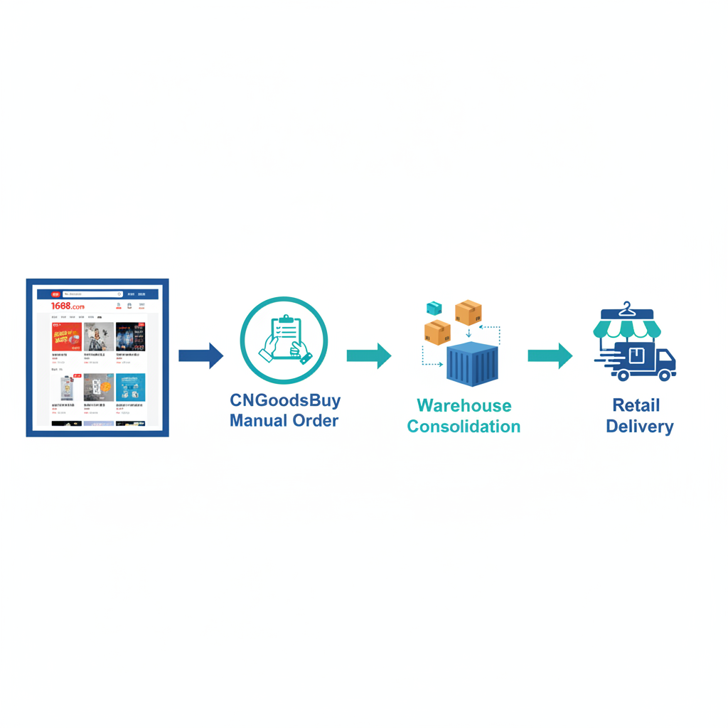 Infographic showing the step-by-step process of sourcing nail supplies from 1688 using CNGoodsBuy consolidation services.