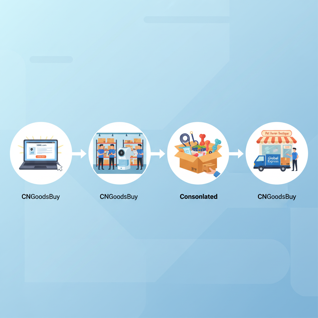 Infographic showing the sourcing process from 1688 through CNGoodsBuy warehouse to a boutique shop.